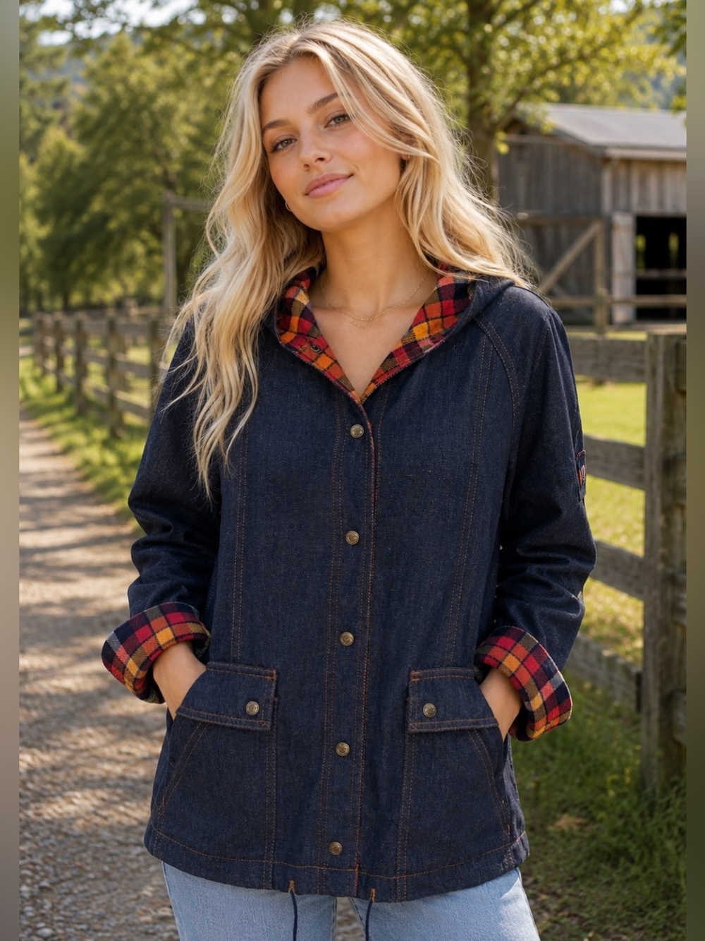 Vintage Valley Co Denim Jacket M Hooded Plaid Flannel Chore Barn Coat 80s 70s